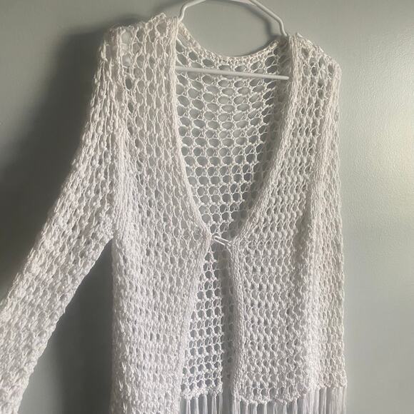 White Knitted Crochet‎ Bohemian Prairie Cottage Core Cardigan Medium-Large - Picture 2 of 6